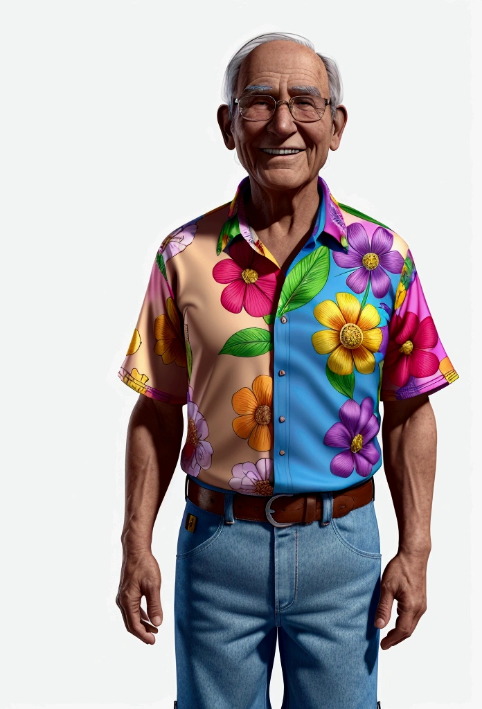 An elderly man, smiling, wearing a colorful flower shirt. He is wearing -flops and brown shorts. The man is standing facing the viewer. money bills are coming out of your blouse pocket. pixar model, 3 d drawing
