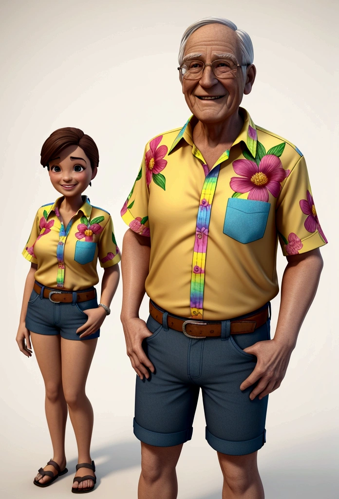 An elderly man, smiling, wearing a colorful flower shirt. He is wearing flip-flops and brown shorts. The man is standing facing the viewer. money bills are coming out of your blouse pocket. pixar model, 3 d drawing