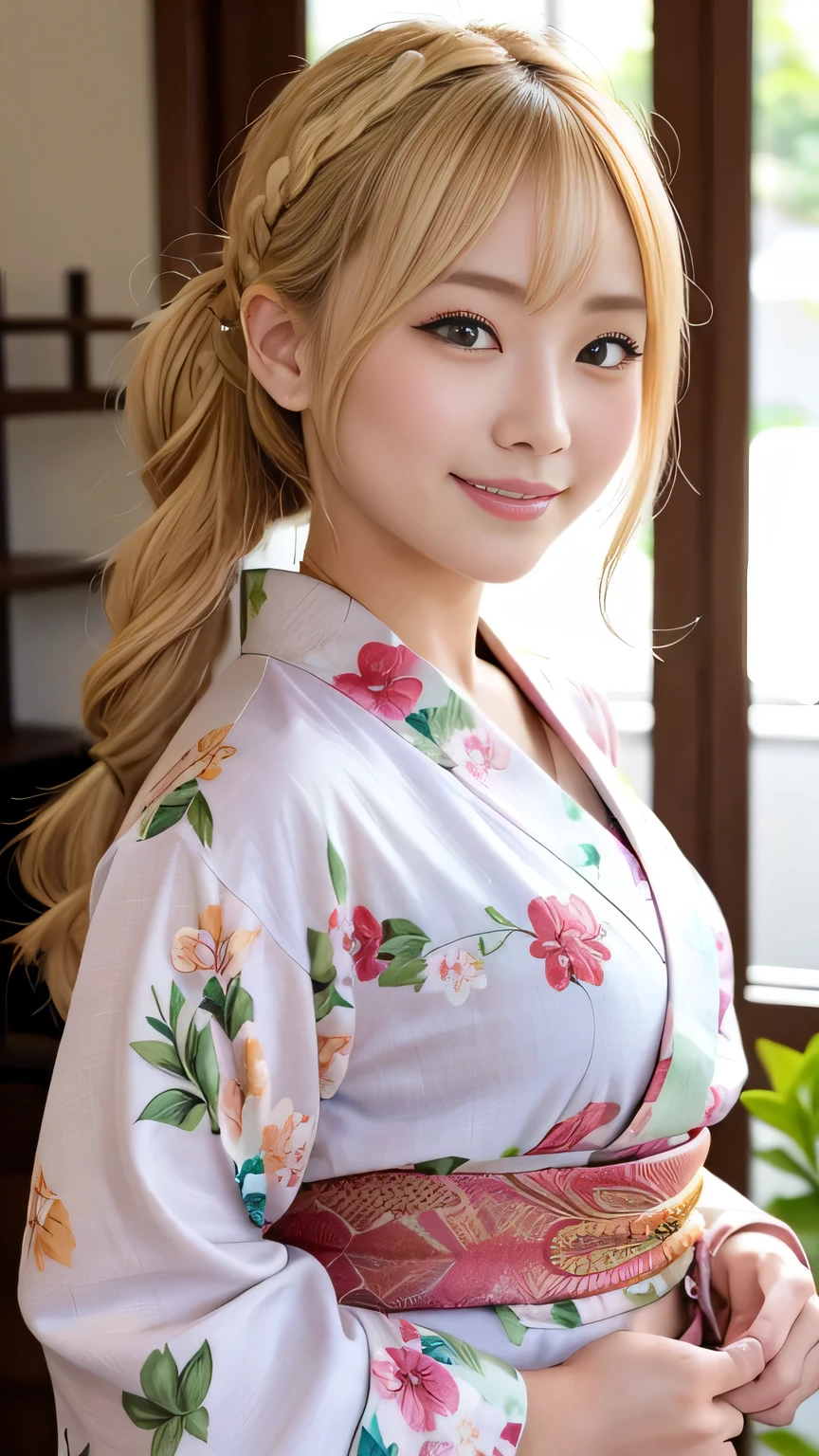 Blonde kimono beauty、Gorgeous floral patterned kimono、My cute girlfriend is a kimono model..、Brown eyes、Beautiful smile、He is short、Braiding、hair ornaments、Colorful and showy kimono、