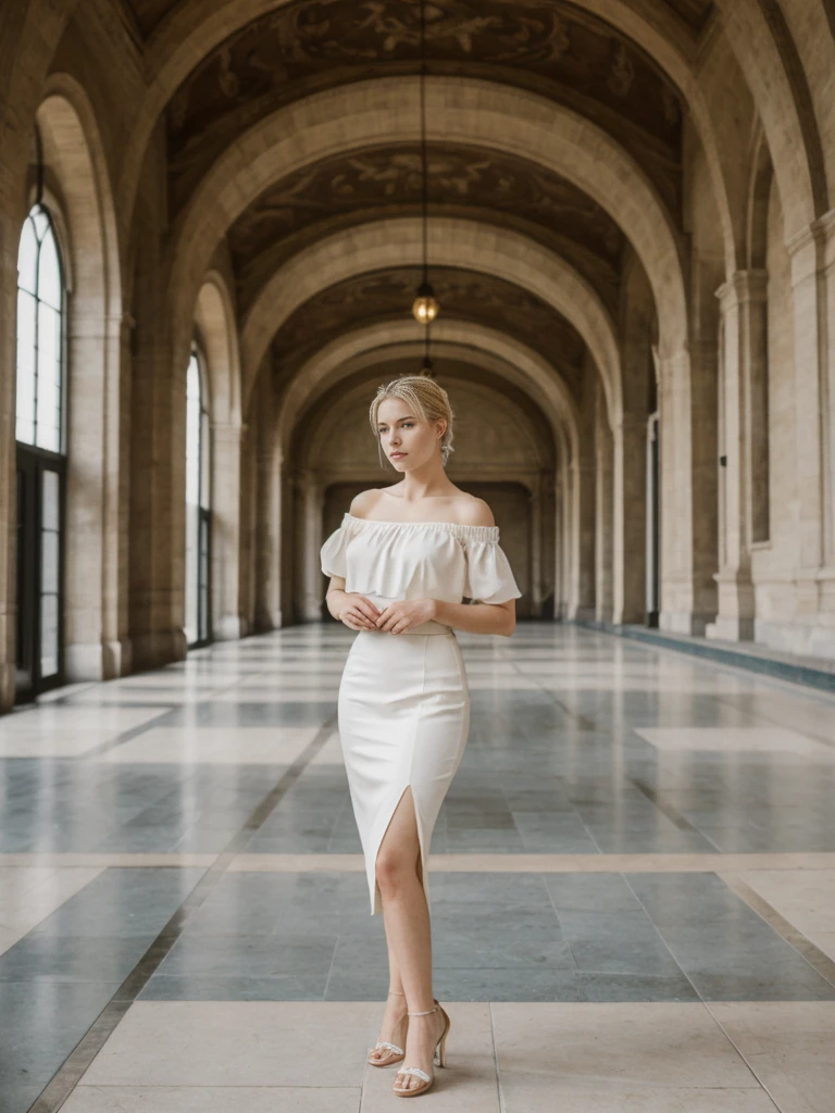 her name is Elle, high quality, 1girl, ((20-year-old fit Caucasian woman)), ((20 years old)), ((fit)), ((pale skin)), ((sleek ponytail blonde colored hair)) , wearing Off-Shoulder Satin Blouse+ High-Waisted Pencil Skirt, pose: standing, background: The former railway station that is now the Musée d'Orsay houses stunning works of Impressionist art. You stand before Monet’s "Water Lilies," captivated by the play of light and color. The open space, filled with the sound of soft footsteps and whispers, along with the scent of polished wood and faint traces of paint, creates a serene and inspiring environment.
