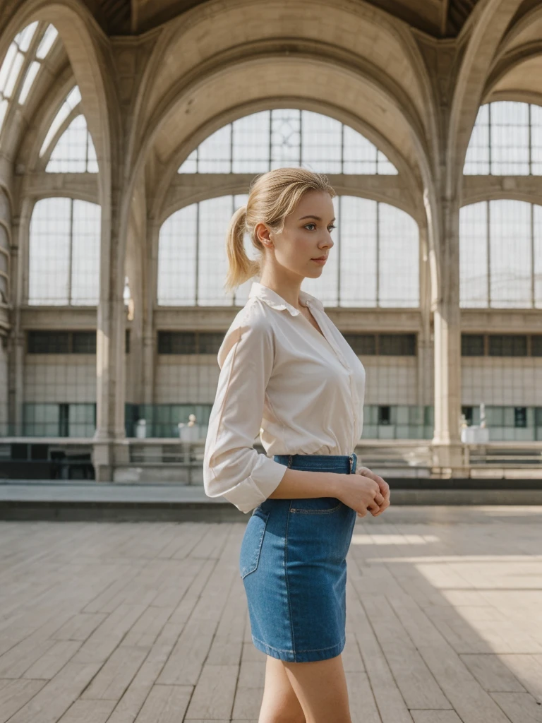 her name is Elle, high quality, 1girl, ((20-year-old fit Caucasian woman)), ((20 years old)), ((fit)), ((pale skin)), ((sleek ponytail blonde colored hair)) , wearing Off-Shoulder Satin Blouse+ High-Waisted Pencil Skirt, pose: standing, background: The former railway station that is now the Musée d'Orsay houses stunning works of Impressionist art. You stand before Monet’s "Water Lilies," captivated by the play of light and color. The open space, filled with the sound of soft footsteps and whispers, along with the scent of polished wood and faint traces of paint, creates a serene and inspiring environment.