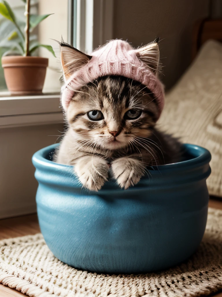 
Create a picture of a kitten sleeping in a small pot。The kitten is depicted as adorable and cute.、Relaxing and sleeping in the pot。Glass pot、繊細なデザインのGlass pot、
Very small kitten、Long-haired kitten curled up and sleeping、Wearing boots、Random pose、Random hair color、Showing palms、Both arms raised、Wearing a pink knit cap