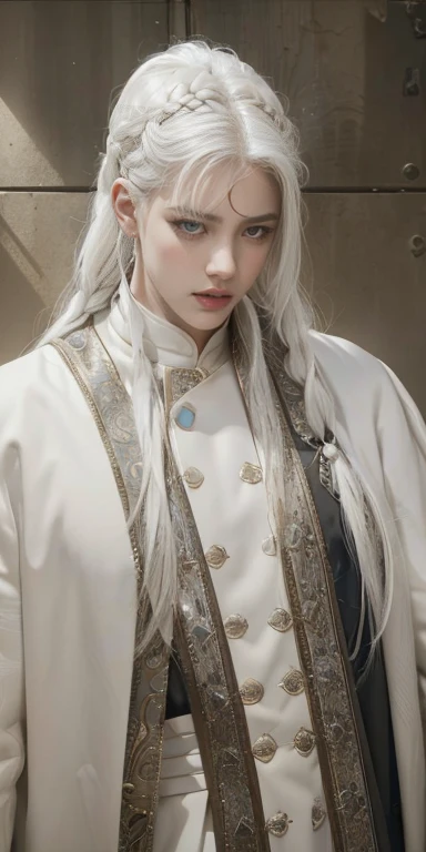 best qualityer, work of art,White hair, gold eyes,white clothes, looking up, trunk,lock of hair,skin fair,side braids, naughty man, male, 8K