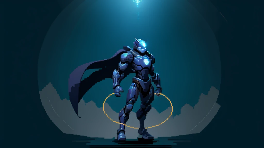 ultra detailed, game protagonist, pixel art, humanoid dark blue mecha robot character with giant limbs using a cloak and floating like ironman, from sidescroller game