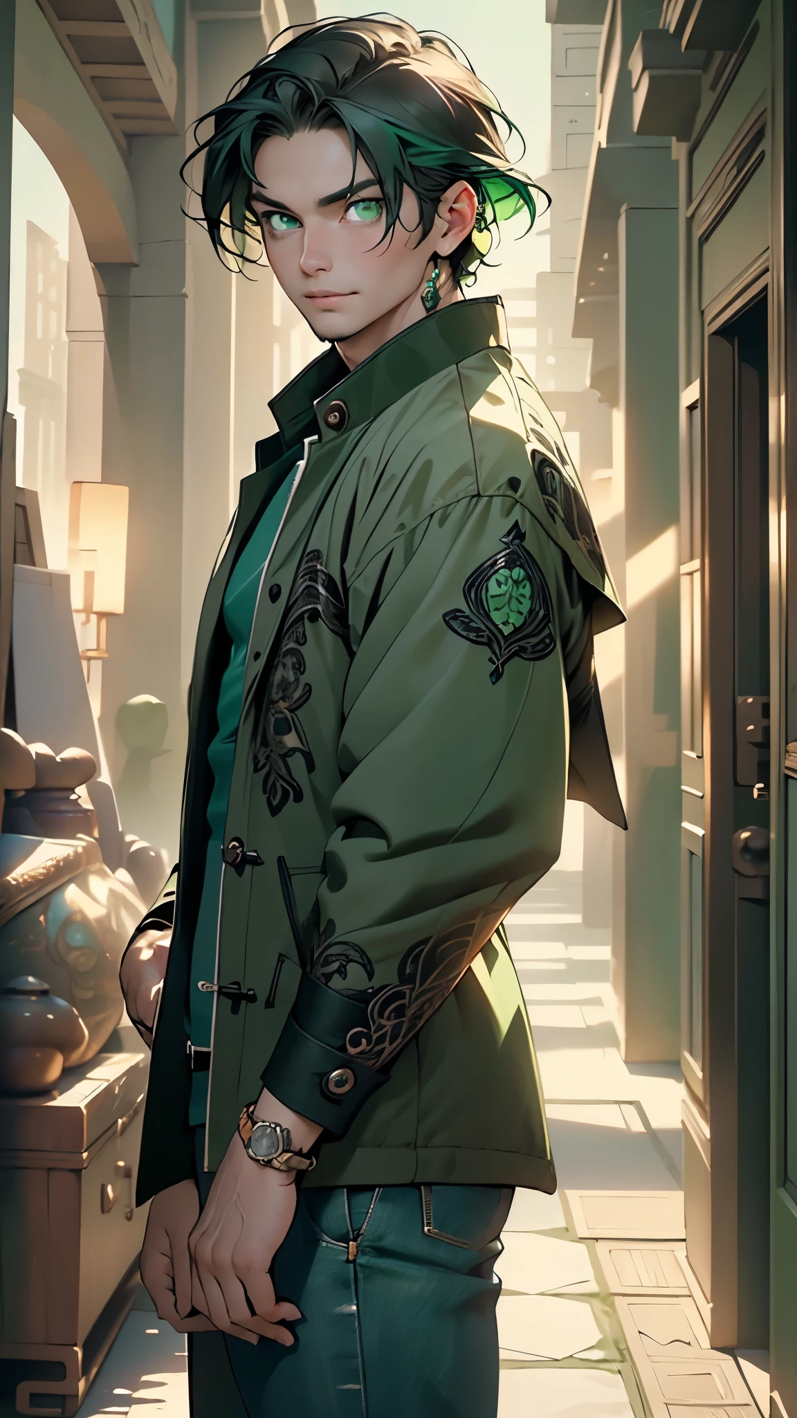 (asian male),(male:1.5), muscle, 1boy, big muscle, pectoral, muscular, Mature man,45 year old man,adult,1 man, old macho man,an extremely detailed face, (((green_eyes:1.3))),intricate eyes,beautiful detailed eyes,symmetrical eyes,short hair, green eyes, brown hair,perfect face, brown hair, nice hair style,(perfect hands, five fingers), ((detailed face)), (((Asian:1.5)))
smile,
(ultra-detailed:1.3), beautiful detailed glow, finely detailed, ultra-detailed,
arabian,elegant,
(open coat, asian fashion,asian coat, jeans,white shirt, masculine features, modern style,asian clothes),(((dark green coat, dark green coat outfit, wearing a dark green coat:1.3,asian dark green coat))),(asian jewelry,intricate necklace),((bulge in pants)),(((intricate outfit,intricate clothes,ornate outfit))),
(dynamic pose:1.0),embarrassed,(centered,scale to fit dimensions,Rule of thirds),
indoors,(huge columns of an Arab palace,arab palace,arab palace background),scenery,extremely scenery,arab style,
(Glossy winter ornaments),highres,sharp focus,(ultra detailed,extremely detailed),(photorealistic artwork:1.37),(extremely detailed CG unity 8k wallpaper),(((vibrant colors,vibrant theme))),(intricate),(masterpiece),(best quality),artistic photography,(photography taken by sldr),(intricate background),perfect rendered face,perfect face details,realistic face,photo realistic,((intricate detail)),(((realism))),