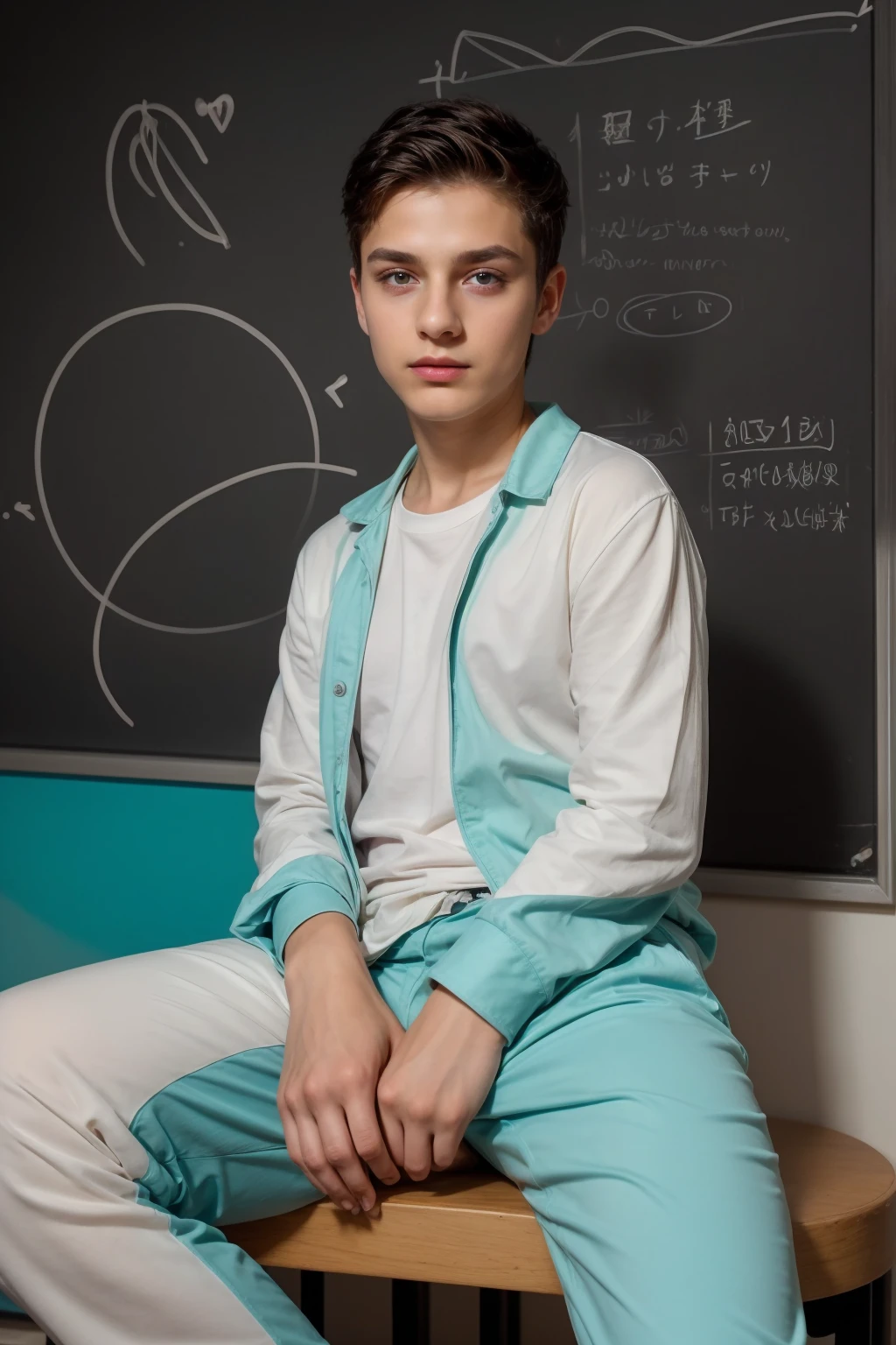 A beautiful young male , cute, with black hair and a face with makeup, wearing a bright white long-sleeved shirt and aqua blue pants, and he is in his office, and behind him is a blackboard on which is written the shape of the brain and its anatomy, and nuclear energy comes out of it, and he has a face with makeup and and.  His eyes have dark circles under them while he is sitting, looking innocent and with a beautiful face with makeup.