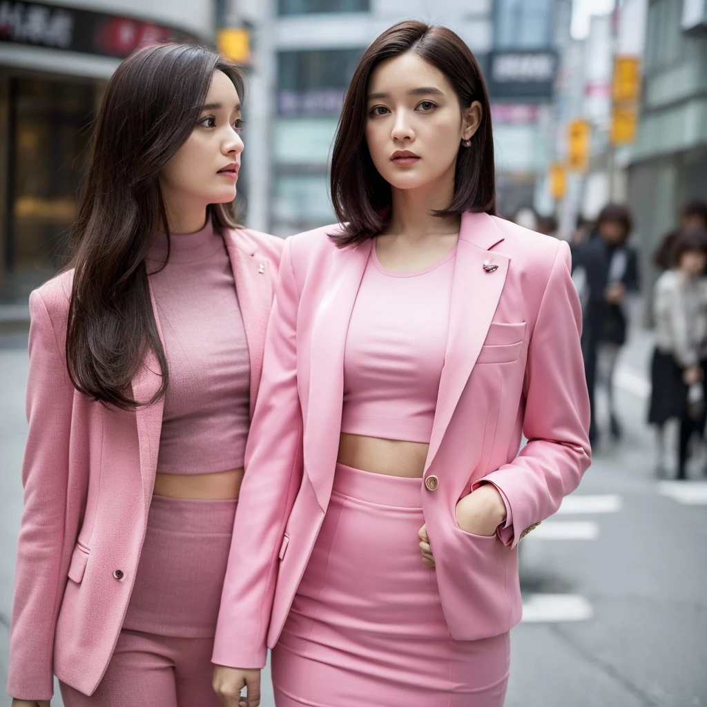 Front view,1 women,Anne-Marie Alto wear a tight pink suit, tight skirt ,looking at camera,25 years old, (((Anne-Marie Alto))), in the Tokyo city