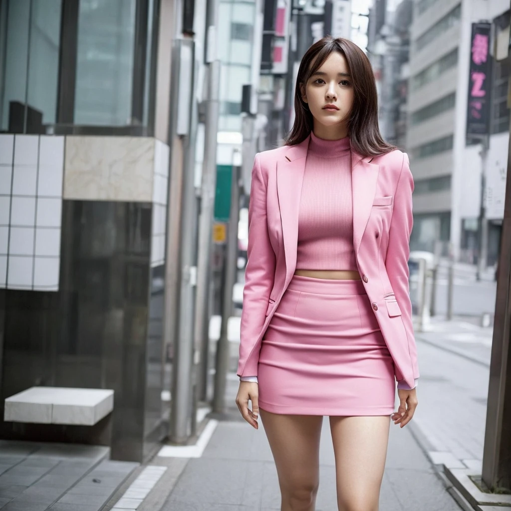 Front view,1 women,Anne-Marie Alto wear a tight pink suit, tight skirt ,looking at camera,25 years old, (((Anne-Marie Alto))), in the Tokyo city