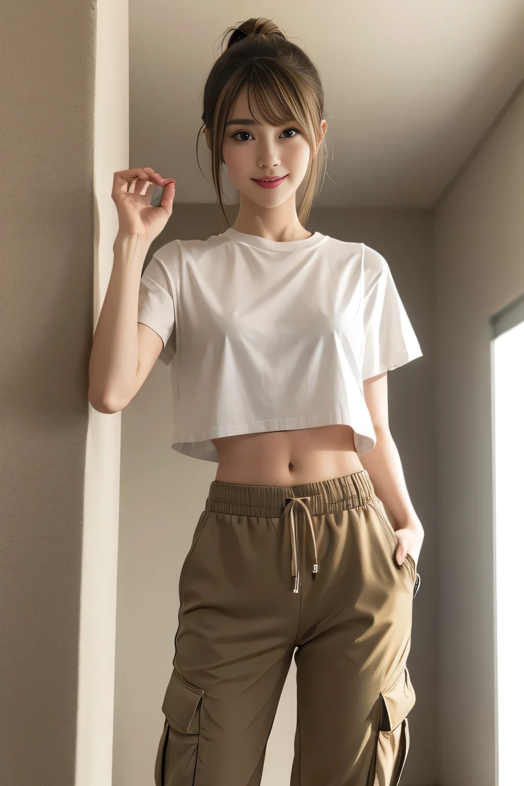 ((medium shot)),(white cropped t-shirt ,Kahki cargo pants,sneakers),(entrance of lovehotel), japanese lady, pale skin, droopy eyes, 28 year old,(dark Blonde short side ponytail with side bangs:1.3),standing, high quality:1.3, shoot from below,Professional lighting:2.0 realistic:1.2, 4k resolution, detailed skin, masterpiece:1.1,smile,(Slender body),(athlete:1.2),(nipples poking through clothes:1.1),camel toe,