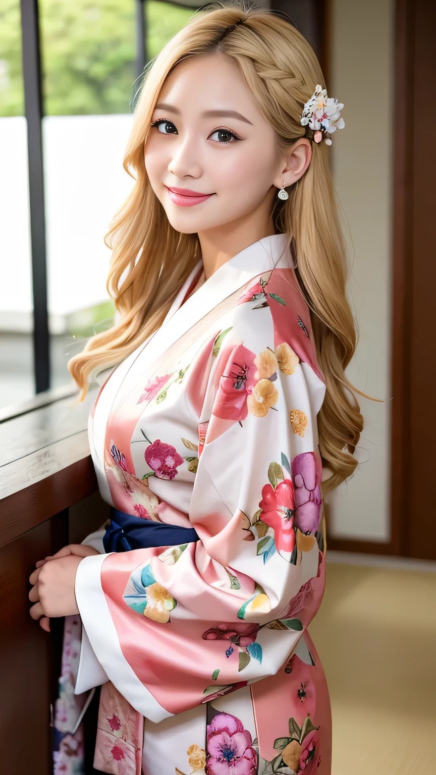 Blonde kimono beauty、Gorgeous floral patterned kimono、My cute girlfriend is a kimono model..、Brown eyes、Beautiful smile、He is short、Braiding、hair ornaments、Colorful and showy kimono、