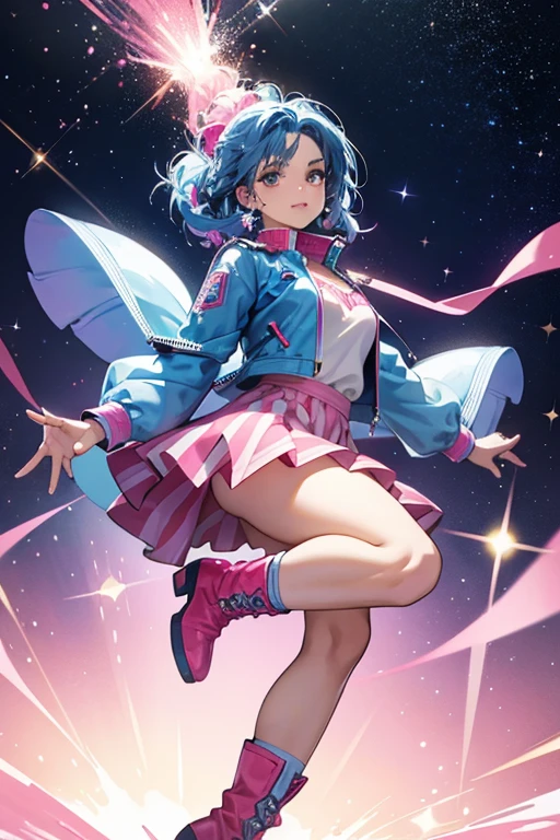 She has glittery blue hair, and she has a huge puff of hair at the front. She has dark skin, and a white star on her left cheek. She has chocolate-brown eyes and blue eyebrows. She has a white spiked bracelet on her right arm and a pink on on her left. she is wearing a white zip up shirt with a pink collar. She is wearing a sparkly blue jacket on top of this. She is wearing a red and white striped skirt with glittery blue frills. She is wearing a pink boot on her right foot and a white on her left. SPARKLE; GLITTER