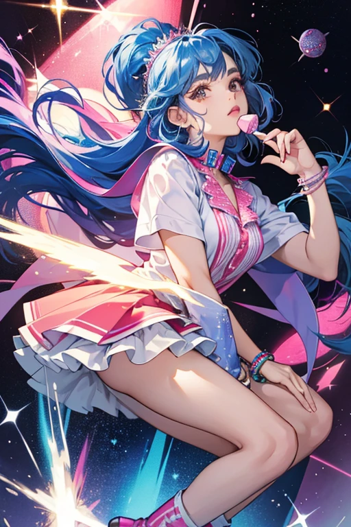 She has glittery blue hair, and she has a huge puff of hair at the front. She has dark skin, and a white star on her left cheek. She has chocolate-brown eyes and blue eyebrows. She has a white spiked bracelet on her right arm and a pink on on her left. she is wearing a white zip up shirt with a pink collar. She is wearing a sparkly blue jacket on top of this. She is wearing a red and white striped skirt with glittery blue frills. She is wearing a pink boot on her right foot and a white on her left. SPARKLE; GLITTER