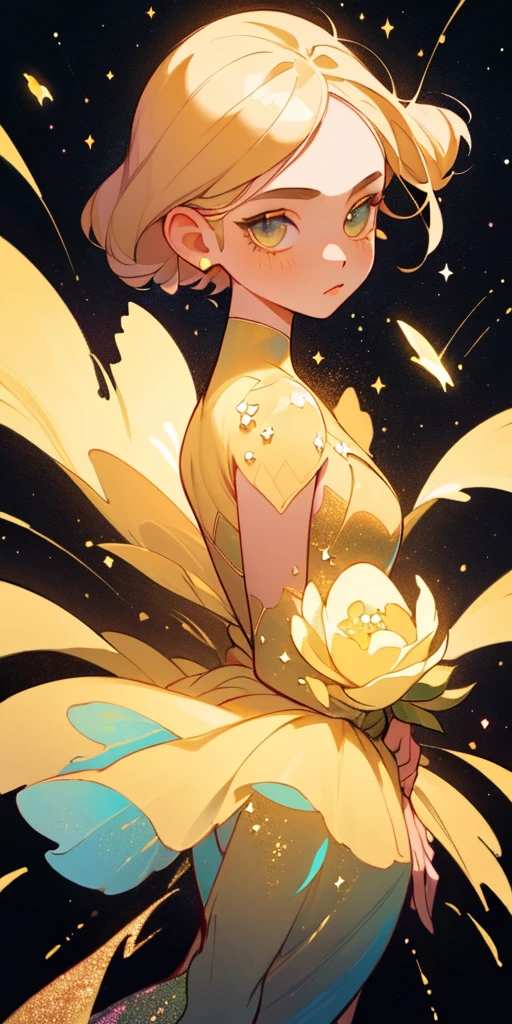 (best quality, masterpiece), 1girl, galaxy, glitter, dress, particle, wind, flower, upper body, dark simple background, looking at viewer, blonde,