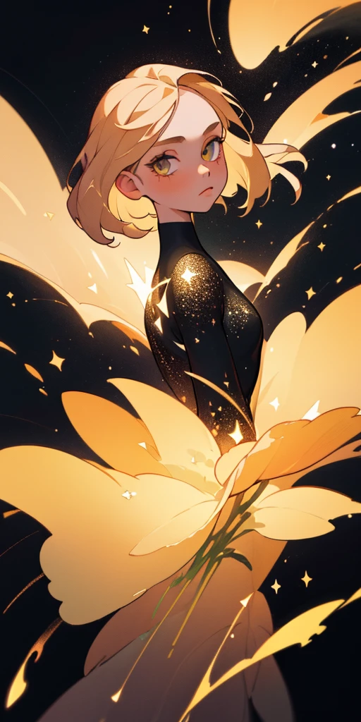 (best quality, masterpiece), 1girl, galaxy, glitter, dress, particle, wind, flower, upper body, dark simple background, looking at viewer, blonde,