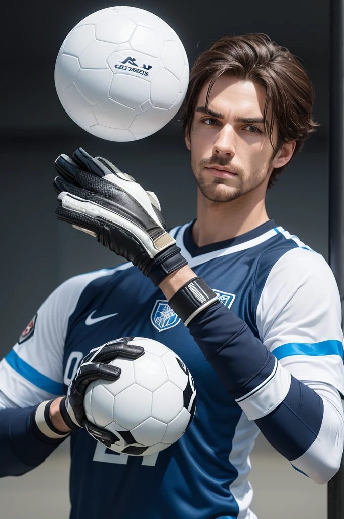 Two goalkeeper gloves with the letters GR holding soccer ball 