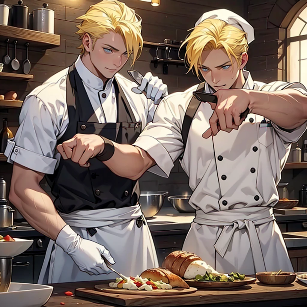 A 22 year old man, blond hair, yellow hair, blue eyes, chef's clothes, wearing a chef's hat, wearing chef's gloves happy expression, medieval period, Ultra HD 4k, 4k, Ultra HD