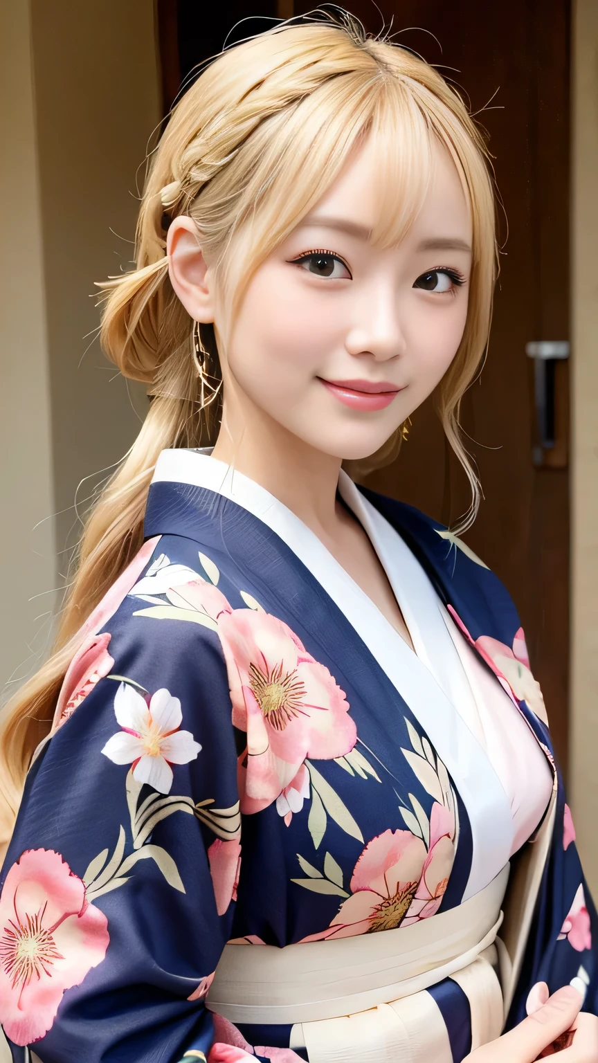 Blonde kimono beauty、Gorgeous floral patterned kimono、My cute girlfriend is a kimono model..、Brown eyes、Beautiful smile、He is short、Braiding、hair ornaments、Colorful and showy kimono、
