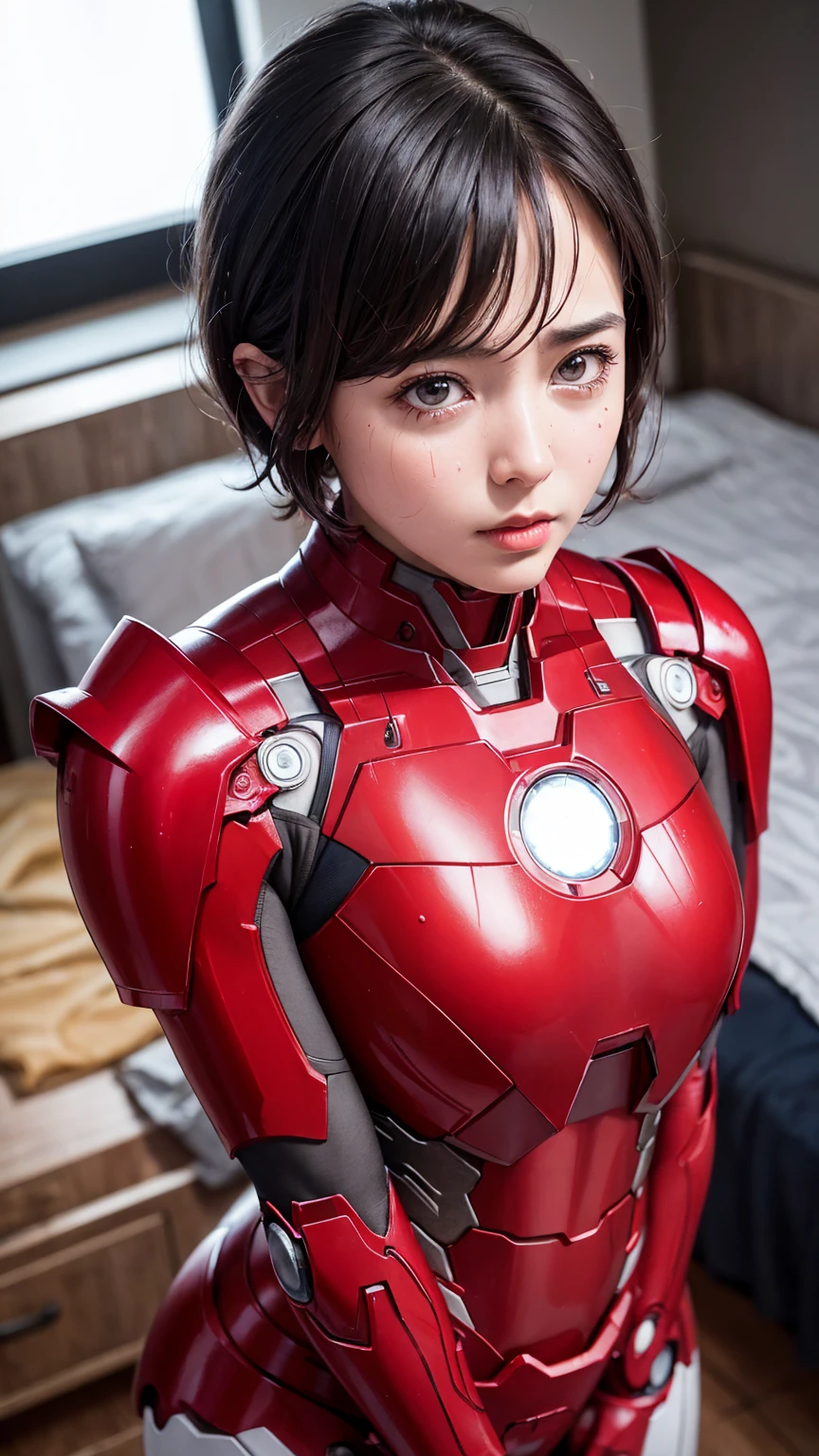 Highest quality　8k Red Iron Man Suit Girl　Middle-aged women　Sweaty face　cute　short hair　boyish　Steam coming out of my head　My hair is wet with sweat　The feel of black hair　Full body portrait　My upper body is soaked　 　I can see the vagina　Lying in bed