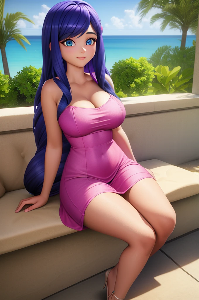 (8k, RAW photo, best quality, masterpiece:1.2), (intricate details), perfect eyes, perfect face, perfect lighting, beautiful, (masterpiece:1.2), (best quality:1.2), 1girl, solo, Marinette, blue hair, ((long loosen hair)), adult torso, 19 years old, slight smile, huge sized breasts, (pink dress), cowboy shot, 3DMM, sitting, front view