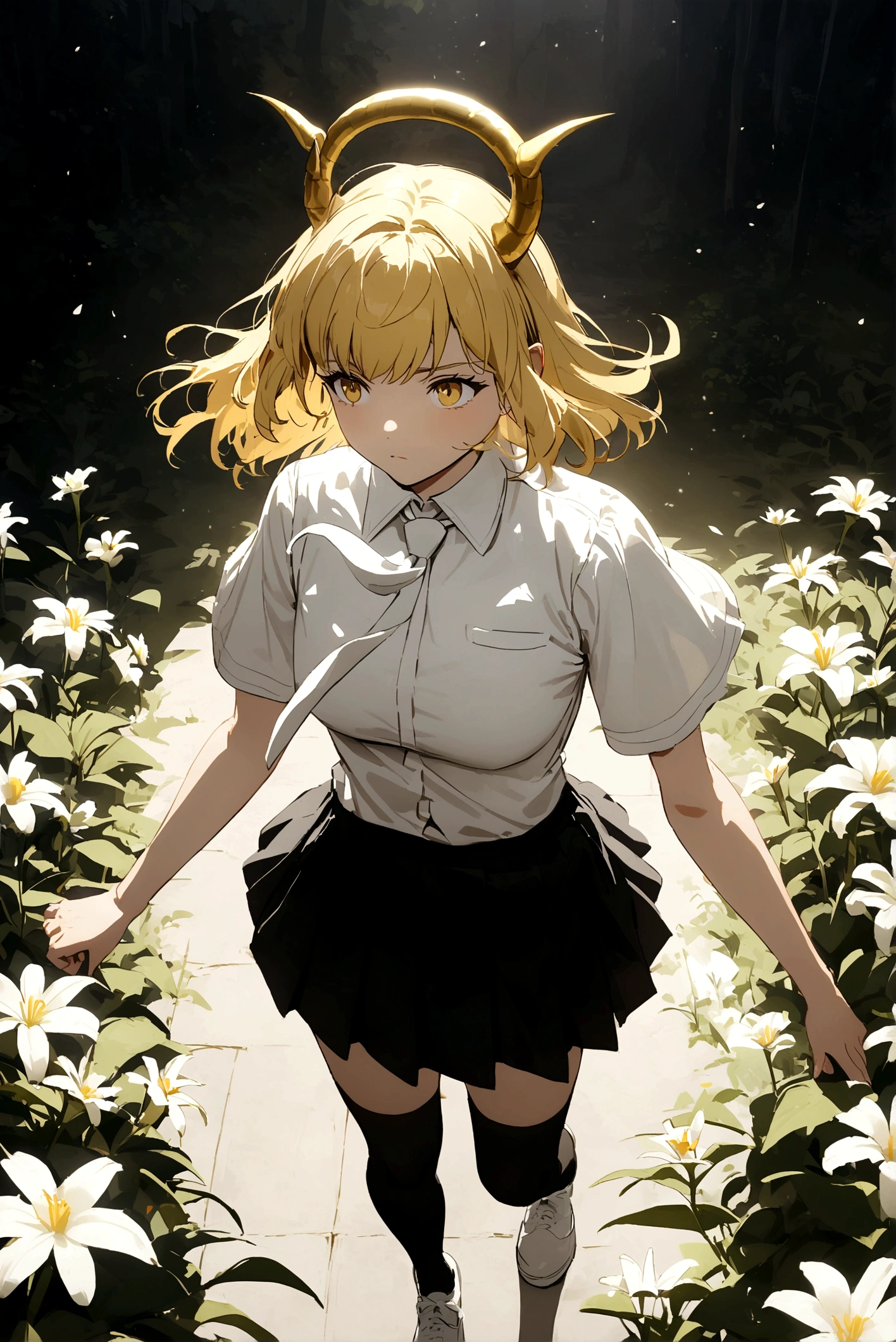 Famous peraonaje yellow hair with a white flower and golden horns, a short-sleeved shirt and a white tie and a small black skirt, small stockings and white shoes