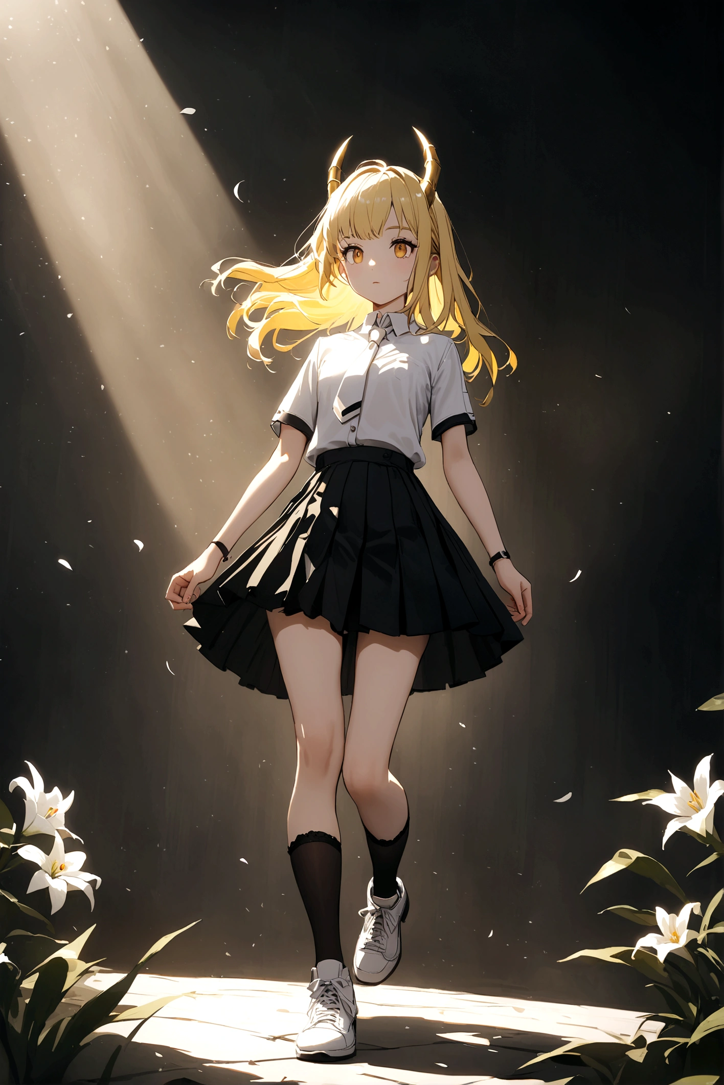 Famous peraonaje yellow hair with a white flower and golden horns, a short-sleeved shirt and a white tie and a small black skirt, small stockings and white shoes