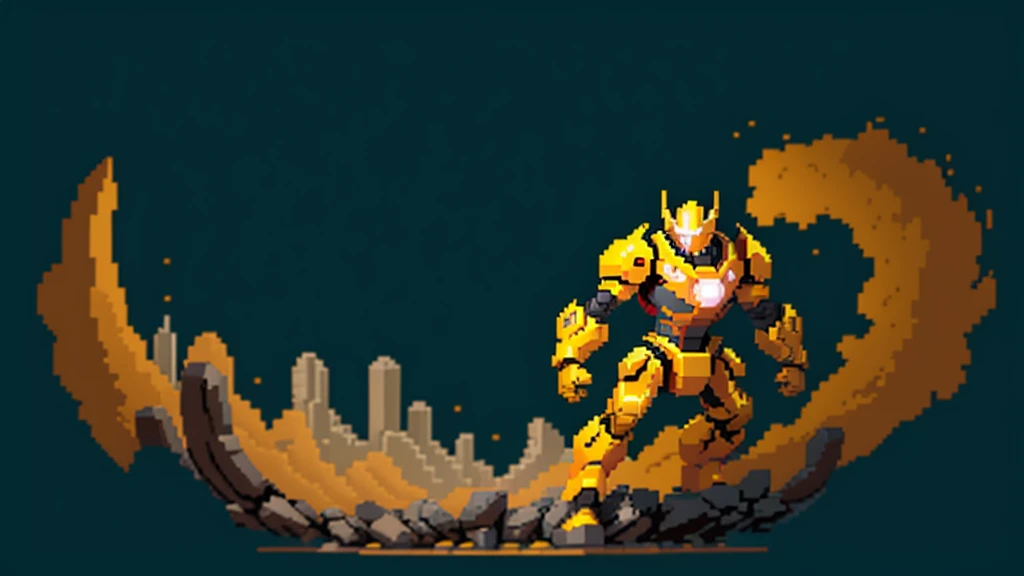 ultra detailed, game protagonist, pixel art, humanoid yellow mecha robot character with giant limbs using a cloak and floating like ironman, from sidescroller game