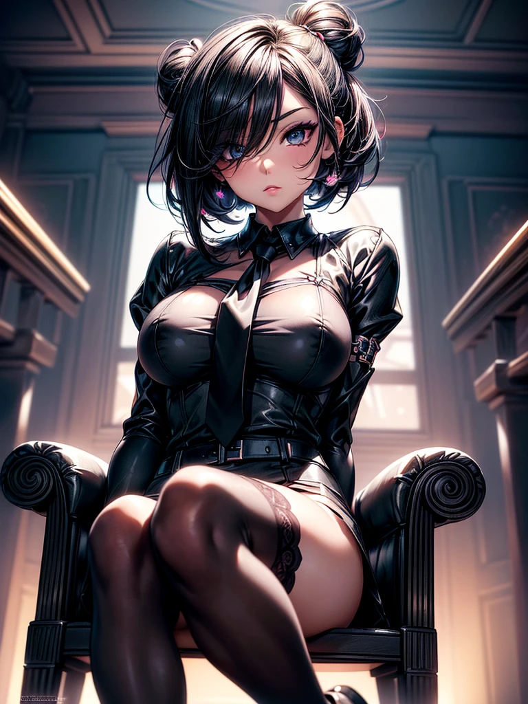 (masterpiece)(8k)(cute)(25-year old woman)(1girl:1.5)(from below:1.3)(full bodty:1.5)(throne:1.5)(solo:1.8)(wild hair:1.3)(short hair:1.3)(black brown hair)(shiny hair:1.2)(hair over one eye:1.5)(hairbun:1.2)(small breasts:1.6)(black pupils:1.4)(glossy skin:1.4)(glossy lips)(dark, glossy eye-shadow:1.6)(dark eyelashes:1.4)(serious expression:1.4)(white office shirt:1.6)(long black necktie:1.4)(visible panties:1.3)(black stockings:1.5) rossdraws pastel vibrant, rossdraws cartoon vibrant, style anime 8k, beautiful portrait, artgerm colorful!!!, ! dream artgerm, beautiful anime girl, styled digital art, art wallpaper 8k, digital art, extremely detailed artgerm,