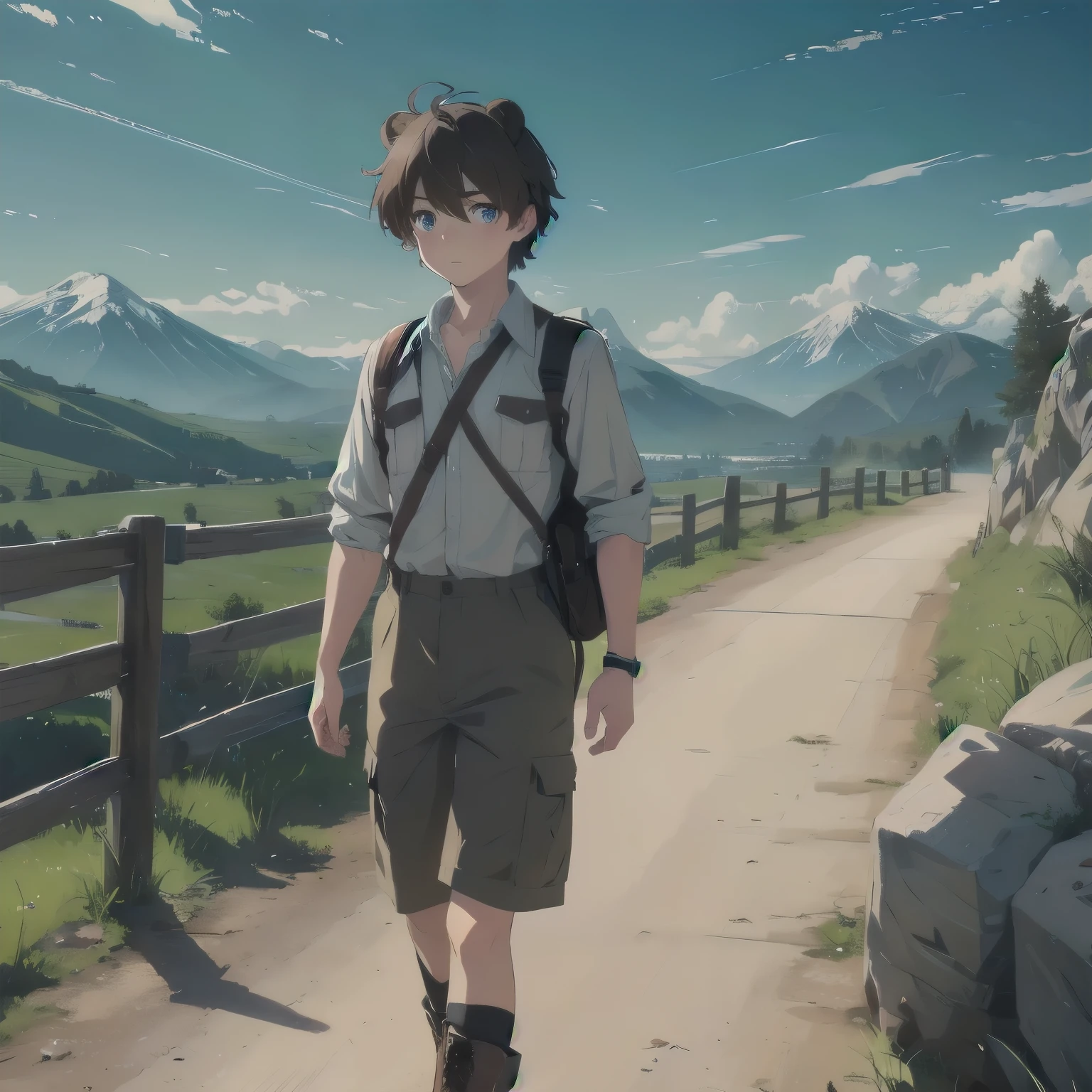 (masterpiece), 1boy, solo, solo male, best quality, expressive eyes, perfect face, sketch style, (sfw), best quality, kemonomimi, bear ears, animal ears, brown hair, short hair, messy_hair, blue eyes BREAK freckles, (little boy, young boy), outdoors, mountains, mountainous road, rocks, walking, looking away, (safari uniform), Brown uniform, Brown shorts BREAK boots