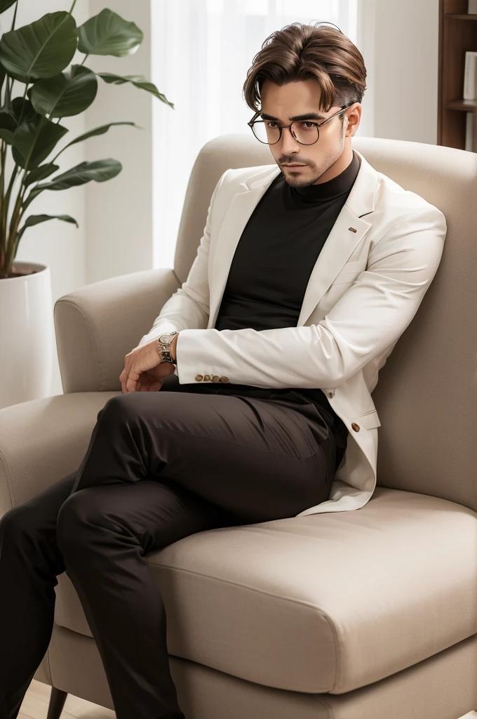 Handsome man,brown-haired,com terno preto,with glasses,sitting in a white armchair,with one's legs crossed