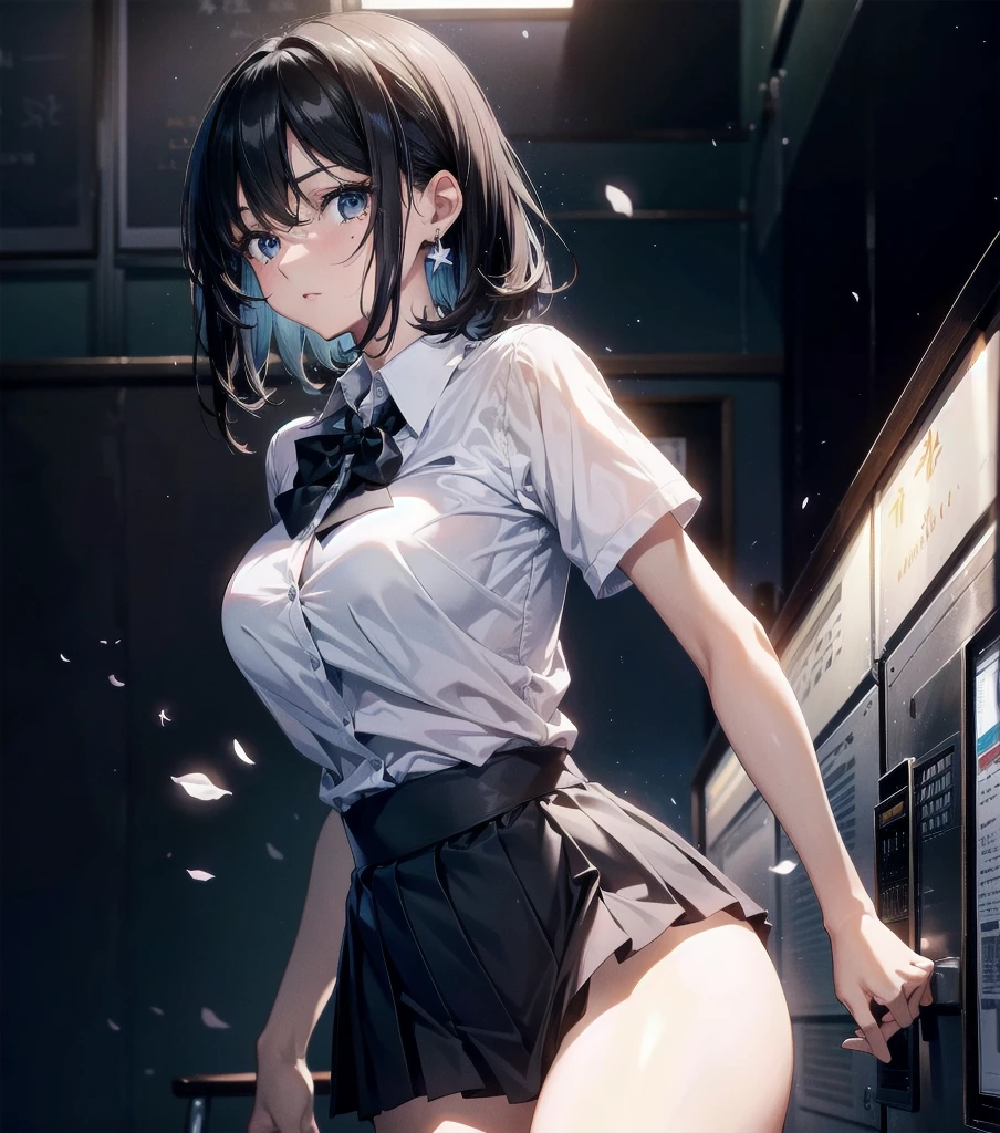 absurdres, RAW photo, extremely delicate and beautiful, masterpiece, Best Quality, ultra high resolution, 32k, hyperrealistic, ultra-detailed, in her 20s, very Slim body, narrow waist, very small head, very small face, delicate facial features, tearful mole, earring, very huge round breasts, full body shot, medium hair, black hair, ((school_uniform)),