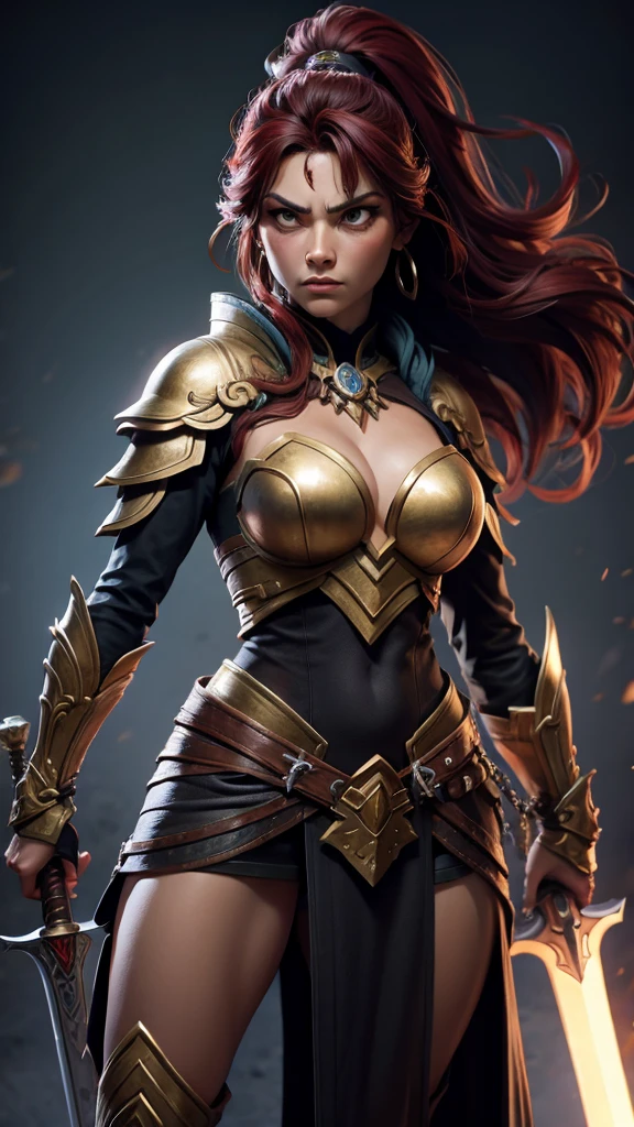 Warrior woman with big sword in hand, furious woman