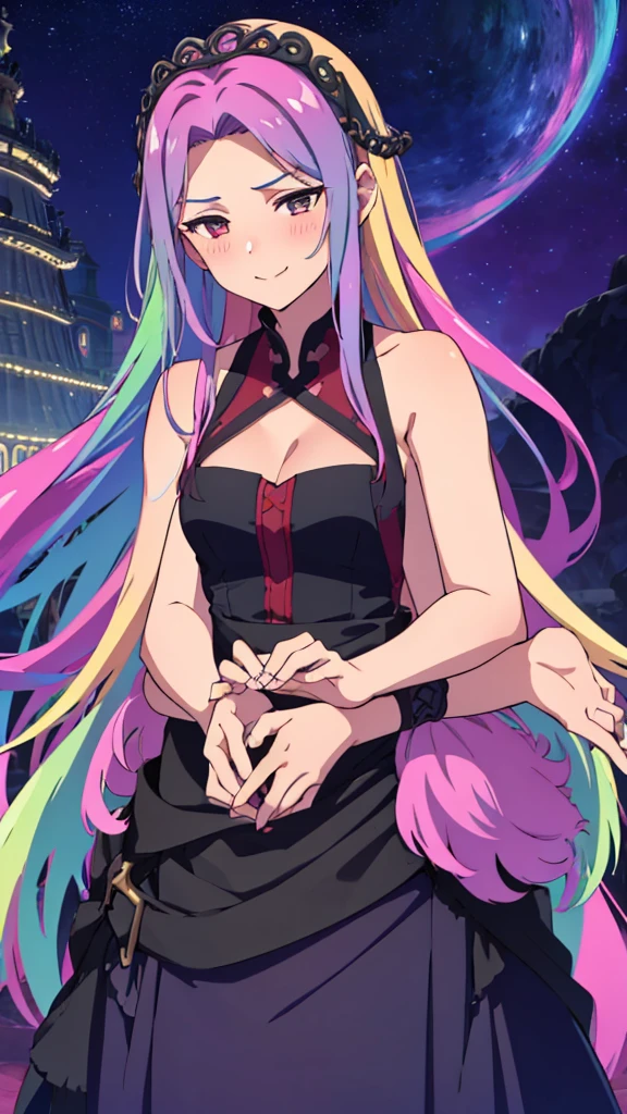 (1girl,20 years old),rainbow hair,long hair,medusa hair,black dress, sleeveless,bare shoulders,smile,blush,extra arms,four arms,cleavage,night,looking at view,loving,starry Night,village,((leaning forward)),from front