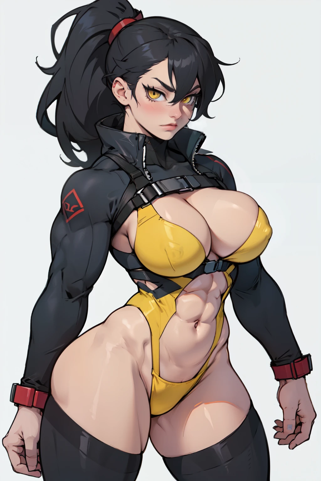 solo standing skintight ((muscular girl perfect anatomy)) toned body massive breasts yellow eyes black hair pale skin