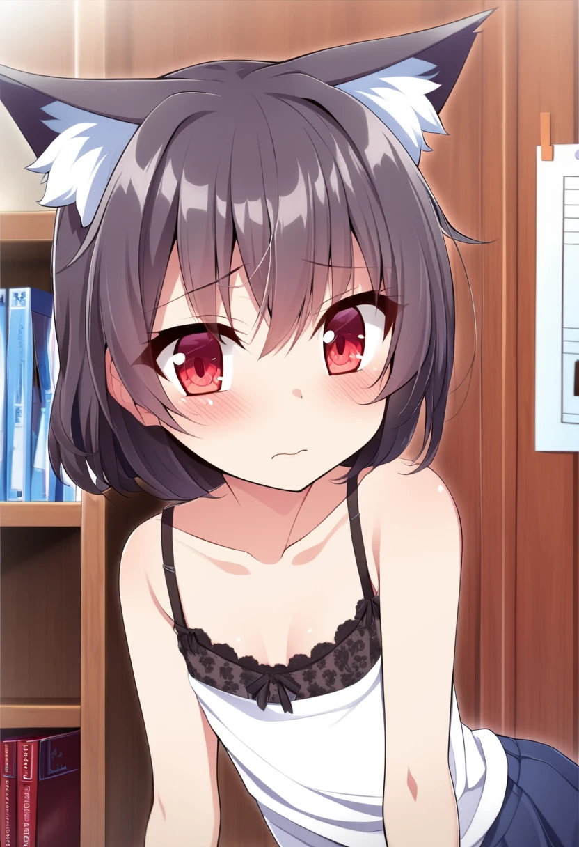 one girl, wolf ears, shy, naive, cute, girl is falling in loye with me, stare at me, beautiful red eyes, energetic girl, school student, seduce me, camisole, nsfw, loli