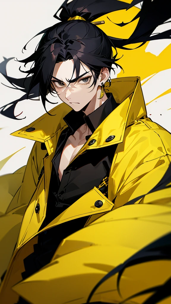 Male character with black hair with a half ponytail and a yellow jacket black eyes u. Black collar, black shirt, anime style, manga style and long hair that is from an anime drawing. With a black shirt with yellow earrings and a yellow jacket with blood. 
