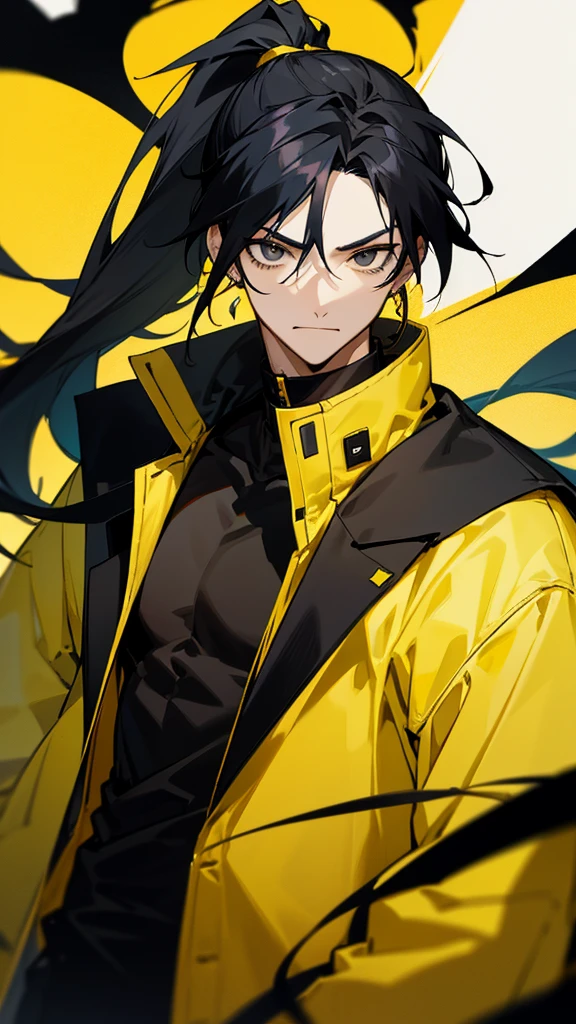 Male character with black hair with a half ponytail and a yellow jacket black eyes u. Black collar, black shirt, anime style, manga style and long hair that is from an anime drawing. With a black shirt with yellow earrings and a yellow jacket with blood.