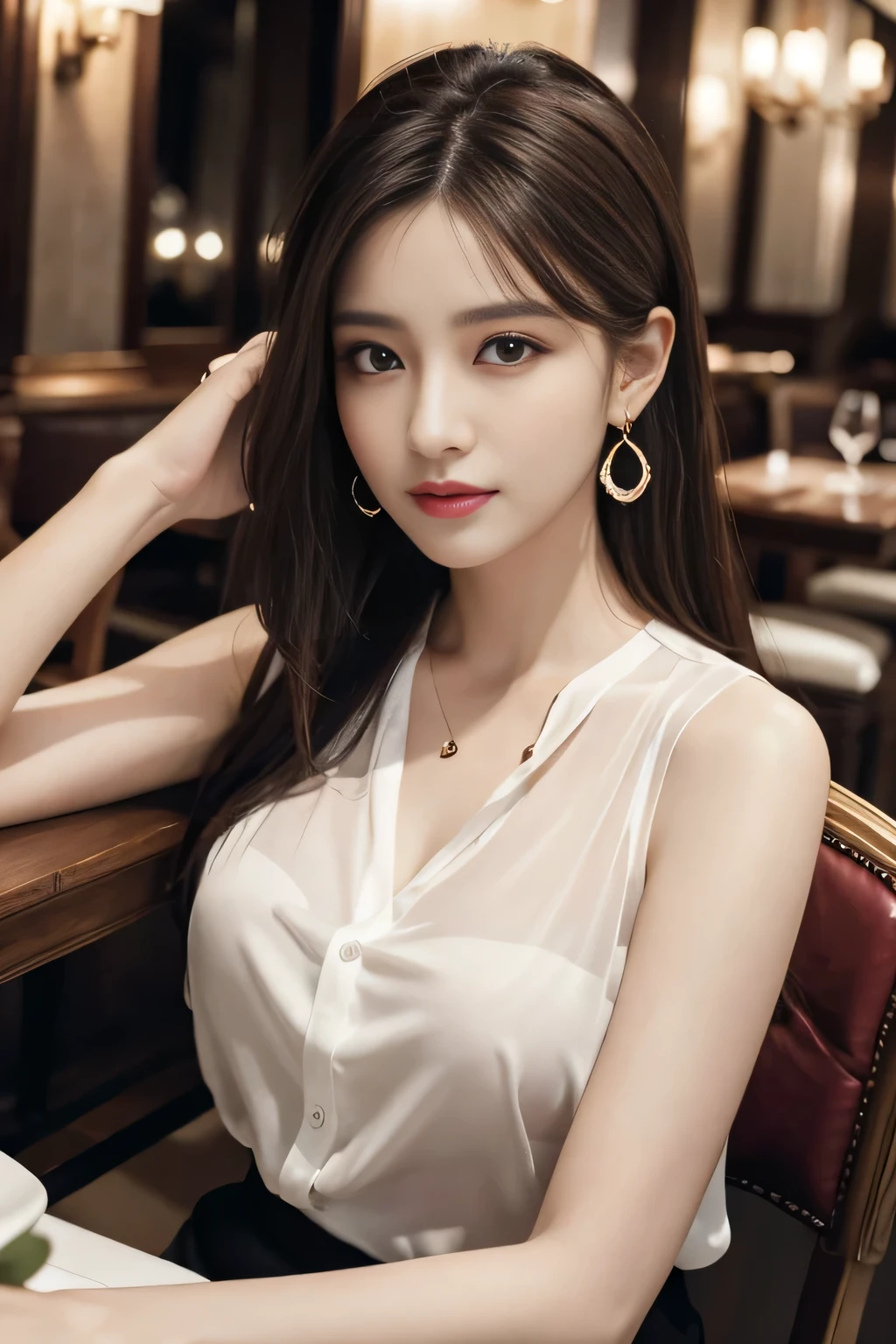 masterpiece, Highest quality, Realistic, Very detailed, Finer details, High resolution, 8k wallpaper, One beautiful woman, Wear an elegant white see-through shirt, In a great restaurant, At night, Light brown messy hair, Perfect dynamic composition, Beautiful and beautiful eyes、Big earrings、Sit on a chair、Sleeveless shirt、