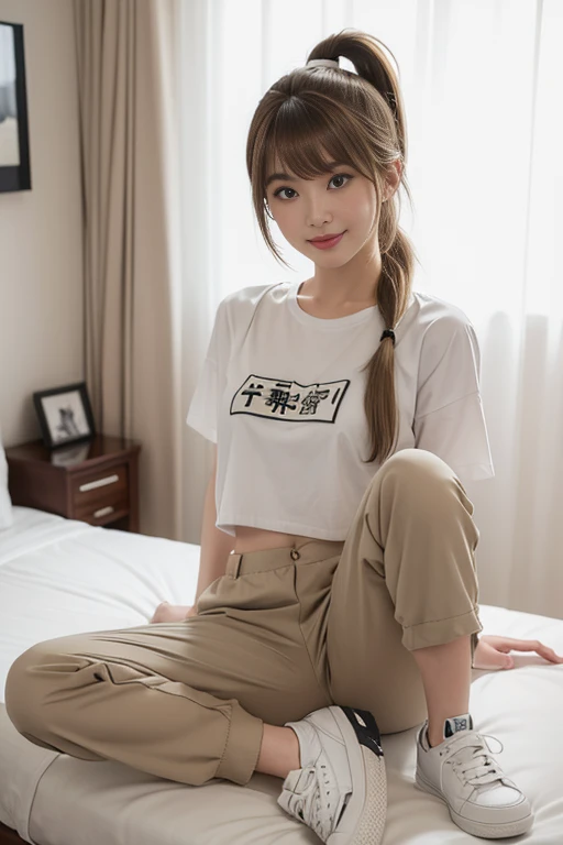 ((medium shot)),(white cropped t-shirt ,Kahki cargo pants,sneakers),(bedroom of lovehotel), japanese lady, pale skin, droopy eyes, 28 year old,(dark Blonde short side ponytail with side bangs:1.3),standing, high quality:1.3, shoot from below,Professional lighting:2.0 realistic:1.2, 4k resolution, detailed skin, masterpiece:1.1,smile,(Slender body),(athlete:1.2),(nipples poking through clothes:1.1),camel toe, 
