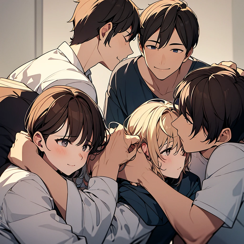Create an image of a family, a father, a mother, and two sons having sex with each other