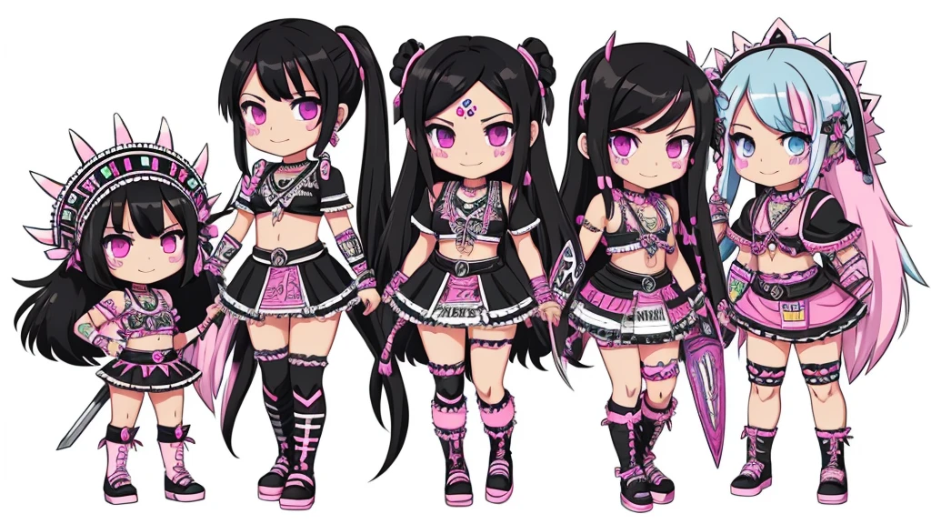 Black and white, zombie mayan warrior holding punk aztec mawscots. black hair brunette, dream pastel anime. pastel kawaii tech colors, moecore. chibicore. Cute and soft shoujo anime style. smiling, mouth open, full body, psicion t