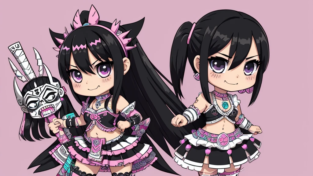 Black and white, zombie mayan warrior holding punk aztec mawscots. black hair brunette, dream pastel anime. pastel kawaii tech colors, moecore. chibicore. Cute and soft shoujo anime style. smiling, mouth open, full body, psicion t