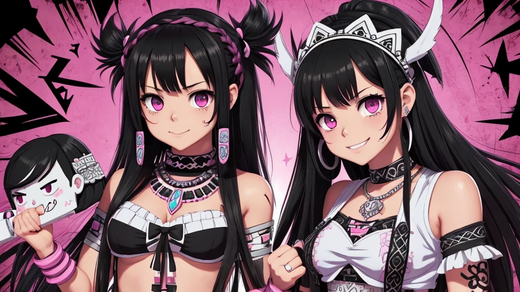 Black and white, zombie mayan warrior holding punk aztec mawscots. black hair brunette, dream pastel anime. pastel kawaii tech colors, moecore. chibicore. Cute and soft shoujo anime style. smiling, mouth open, full body, psicion t