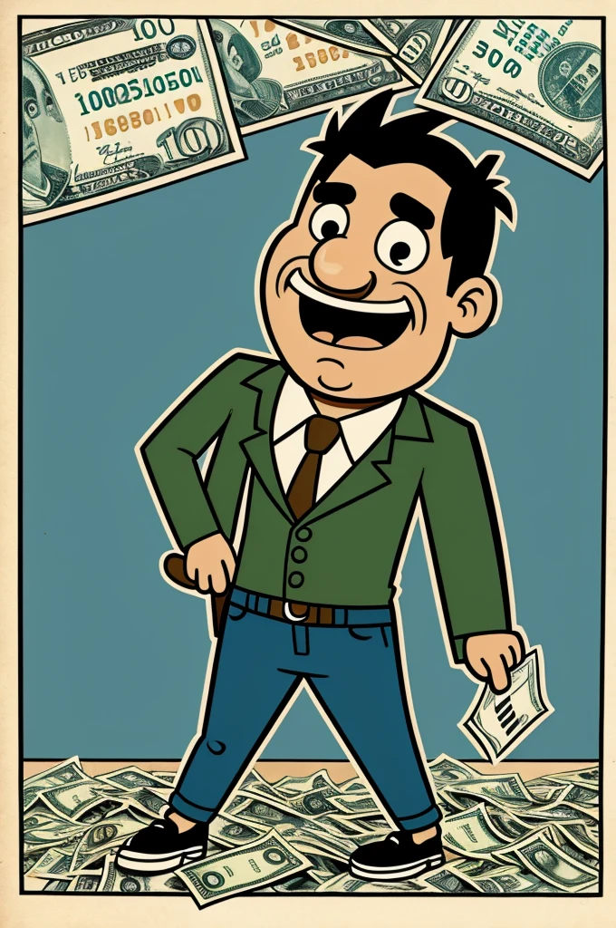 Cartoon of a distressed man with money in his hand