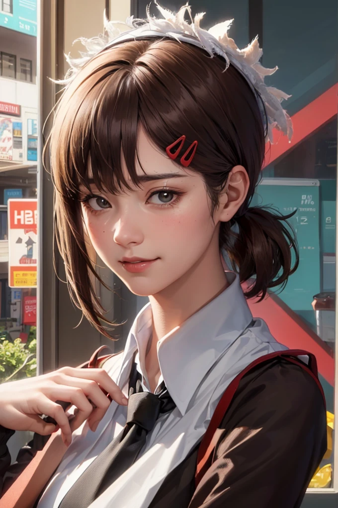 masterpiece, best quality, ultra-detailed, illustration, epic lighting, cinematic composition, isometric, 1girl, solo, cute, brown eyes, black hair, swept bangs, single sidelock, red hairclip, white collared shirt, black necktie, black pants, formal, enchanting gaze, captivating pose, indoors, office, door, opening door, looking at viewer, peeking out upper body, blush, seductive smile, closed mouth,(8k:1.1),