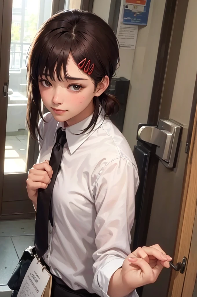 masterpiece, best quality, ultra-detailed, illustration, epic lighting, cinematic composition, isometric, 1girl, solo, cute, brown eyes, black hair, swept bangs, single sidelock, red hairclip, white collared shirt, black necktie, black pants, formal, enchanting gaze, captivating pose, indoors, office, door, opening door, looking at viewer, peeking out upper body, blush, seductive smile, closed mouth,(8k:1.1),