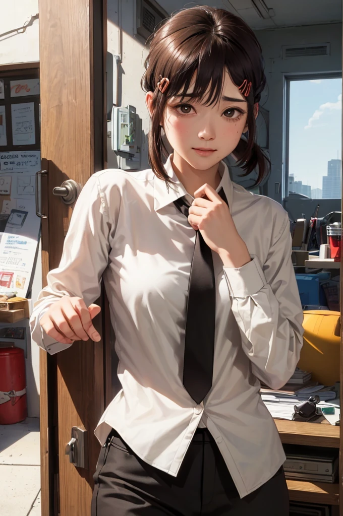 masterpiece, best quality, ultra-detailed, illustration, epic lighting, cinematic composition, isometric, 1girl, solo, cute, brown eyes, black hair, swept bangs, single sidelock, red hairclip, white collared shirt, black necktie, black pants, formal, enchanting gaze, captivating pose, indoors, office, door, opening door, looking at viewer, peeking out upper body, blush, seductive smile, closed mouth,(8k:1.1),