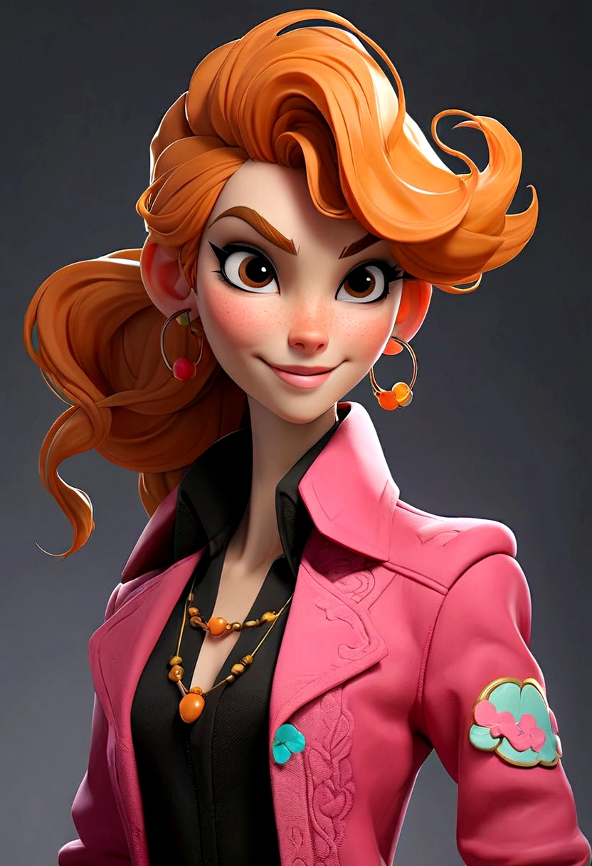 Commercial coordinator, a 35 year old woman, and she is 163 cm tall, well designed mouth, smiling, your hair is wavy pink, falling just above the shoulders, often tied in a ponytail, Her eyes are big, Ablaze, round-cropped, She has fair skin, your face is heart-shaped with high cheekbones and a pointed chin, She often wears colorful clothes that reflect her artistic personality focused on rock appreciation., 