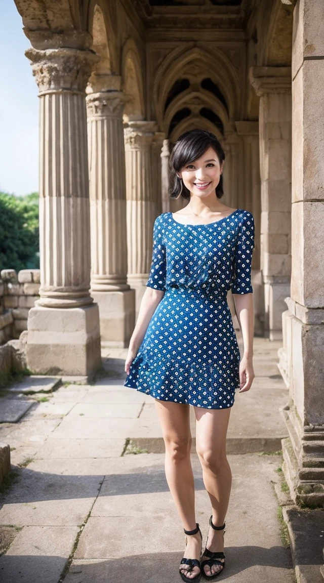 become close,Sharp lines,Highest quality, masterpiece、Overnight parking、Dark Light、Canon Photo Crystal Clear ,（Realistically:1.2）, (Colorful polka dot mini skirt dress)、Action pose、Take a full body photo、smile、Gorgeous appearance、Semi-long layer cut、ancient ruins