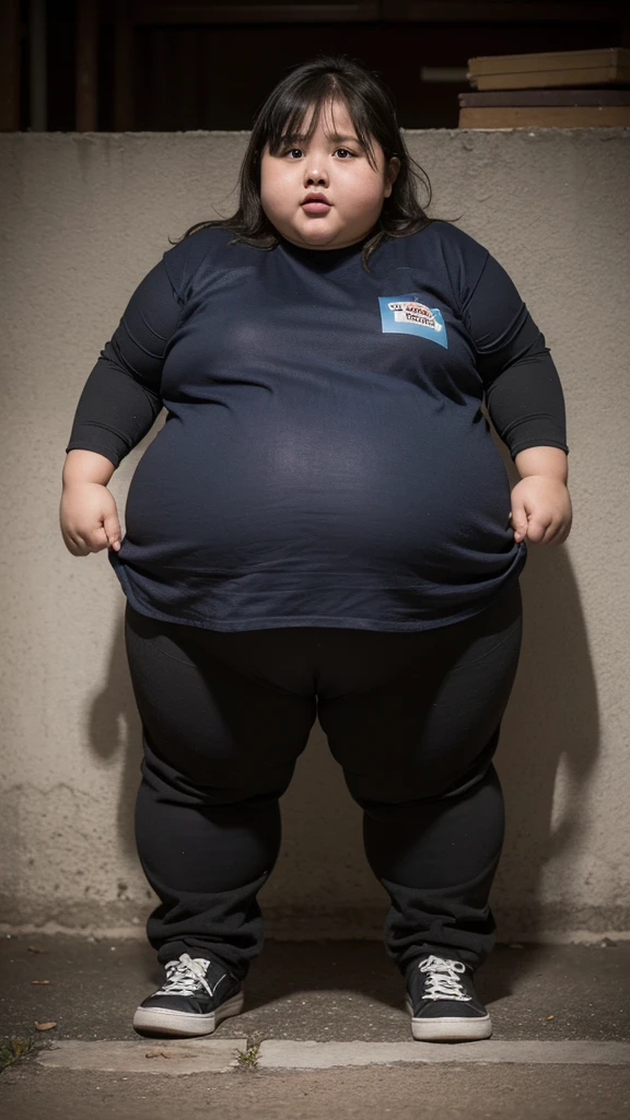 Very fat kid girl , obese , age 15 years , very fat body , in underground prison ,face excited , full body