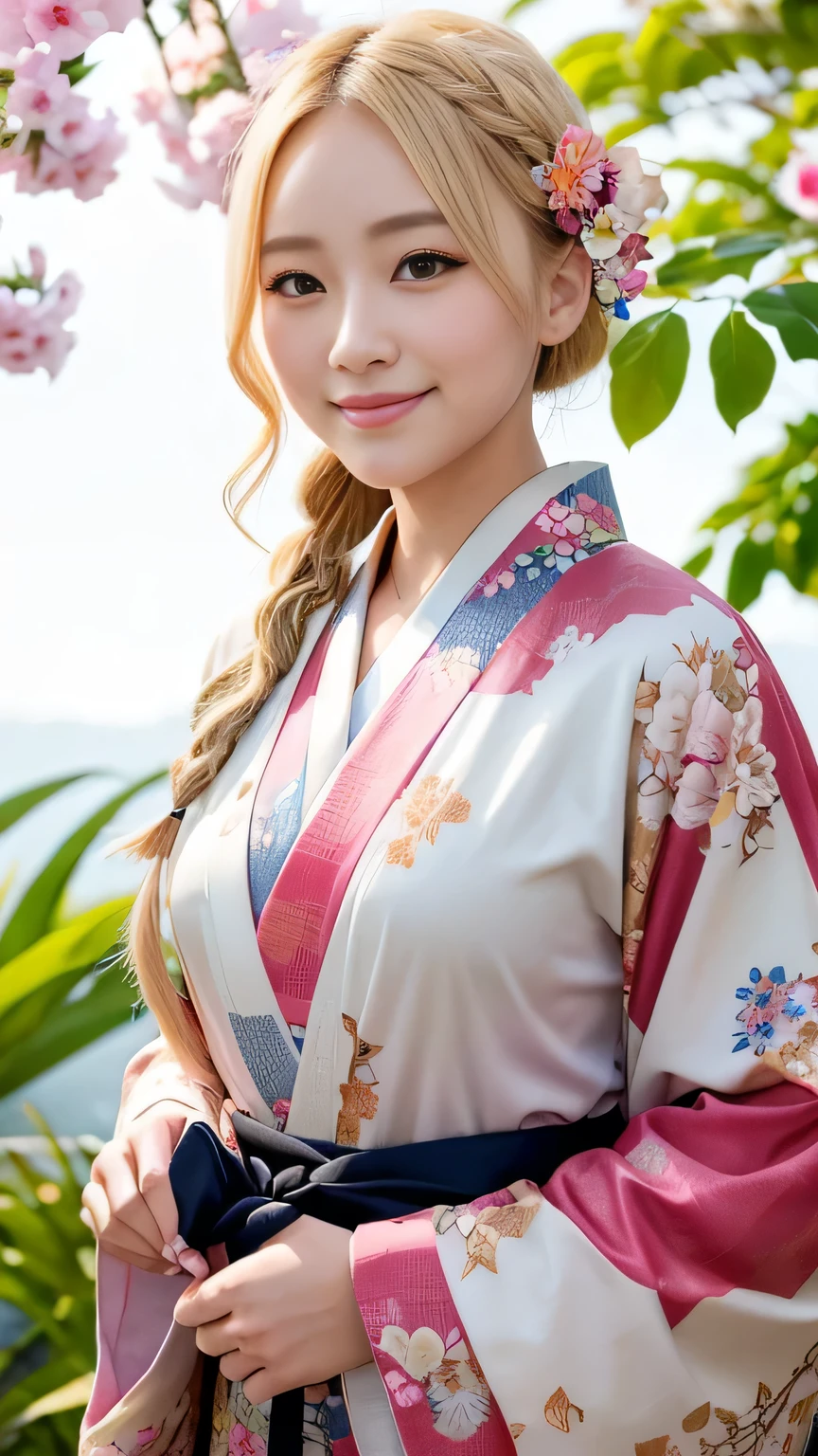 Blonde kimono beauty、Gorgeous floral patterned kimono、My cute girlfriend is a kimono model..、Brown eyes、Beautiful smile、He is short、Braiding、hair ornaments、Colorful and showy kimono、